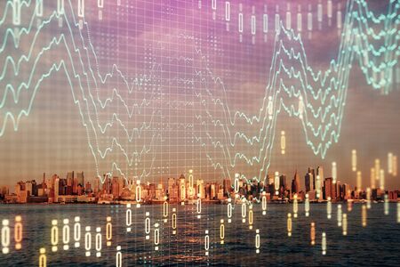 Forex chart on cityscape with skyscrapers wallpaper double exposure. Financial research concept.