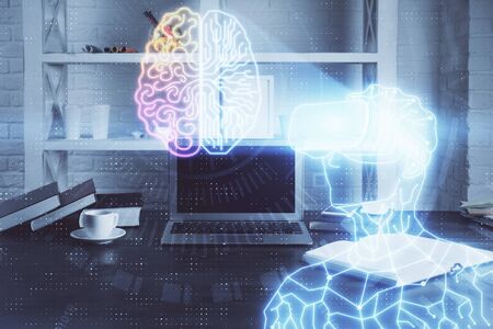 Computer on desktop with AR theme icon. Multi exposure. Concept of augmented reality.