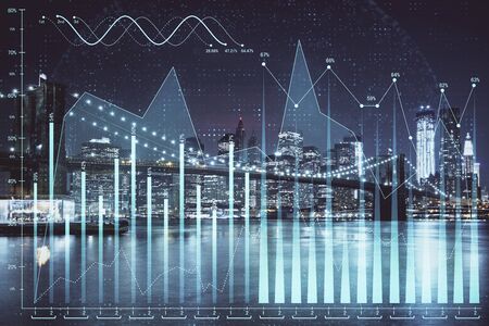 Financial chart on city scape with tall buildings background multi exposure. Analysis concept.の写真素材