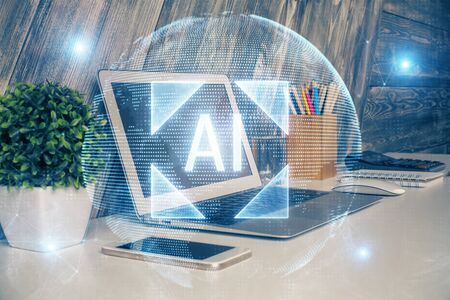 Multi exposure of computer on background and technology theme drawing. Concept of innovation.の写真素材