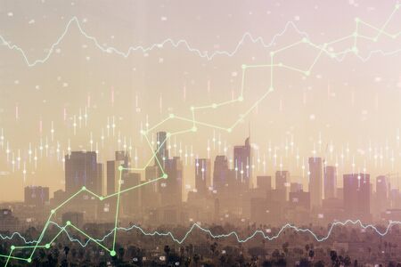 Forex chart on cityscape with skyscrapers wallpaper double exposure. Financial research concept.の写真素材