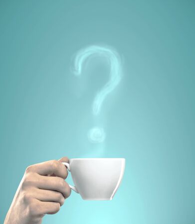 Hand  holding cup of coffee with smoke in form question marks. Business and motivation concept.の写真素材