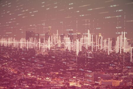 Financial graph on night city scape with tall buildings background double exposure. Analysis...