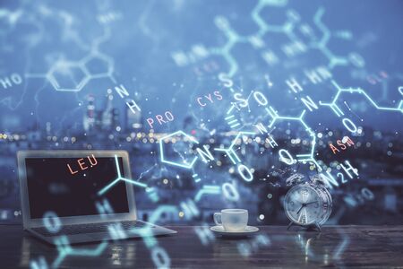 Desktop computer background and formula hologram writing. Double exposure. Education concept.の写真素材