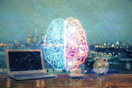 Double exposure of work table with computer and brain sketch hologram. Brainstorming concept.