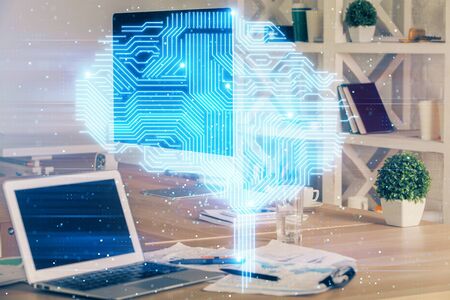 Double exposure of work table with computer and brain sketch hologram. Brainstorming concept.