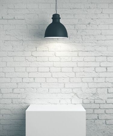 Blank brick wall, podium and lamp. Art exhibit and museum concept. Mock up, 3D Renderingの写真素材