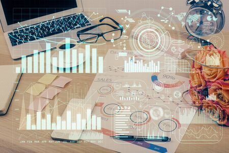 Multi exposure of forex chart and work space with computer. Concept of international online trading.