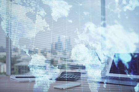 Multi exposure of business theme icons and work space with computer background. Concept of success.の写真素材