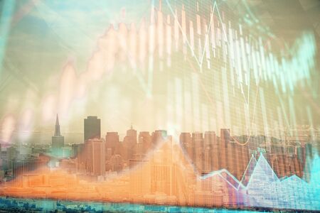 Forex graph on city view with skyscrapers background multi exposure. Financial analysis concept.