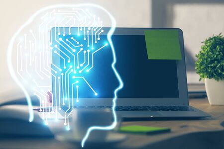 Multi exposure of work table with computer and brain hologram. Brainstorm concept.