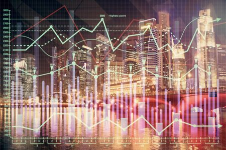 Financial chart on city scape with tall buildings background multi exposure. Analysis concept.