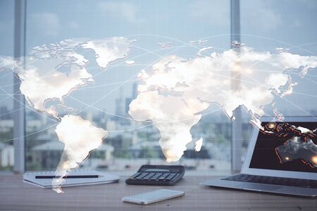 Multi exposure of business theme icons and work space with computer background. Concept of success.