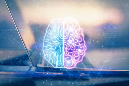 Multi exposure of work table with computer and brain hologram. Brainstorm concept.