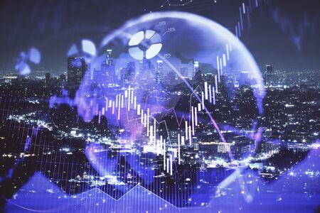 Financial graph on night city scape with tall buildings background multi exposure. Analysis concept.