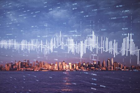 Forex chart on cityscape with skyscrapers wallpaper double exposure. Financial research concept.