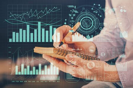 Double exposure hands with stock market chart. Concept of research and analysis.の写真素材