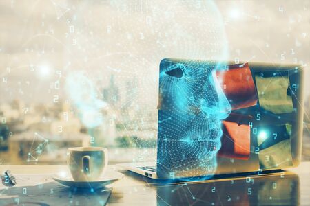 Multi exposure of work table with computer and brain hologram. Brainstorm concept.の写真素材