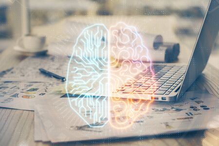 Multi exposure of work table with computer and brain hologram. Brainstorm concept.の写真素材