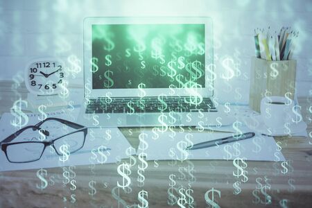 Stock market graph and table with computer background. Double exposure. Concept of financial analysis.の写真素材