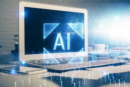 Multi exposure of computer on background and technology theme drawing. Concept of innovation.の写真素材