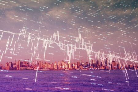 Forex chart on cityscape with skyscrapers wallpaper double exposure. Financial research concept.