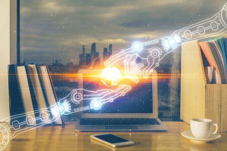 Double exposure of computer and technology theme drawing. Concept of innovation.の写真素材