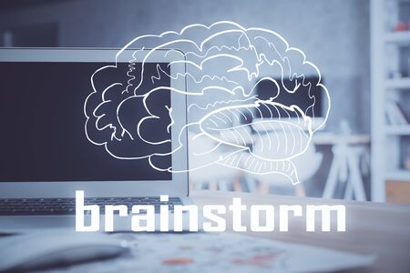 Desktop computer background in office and start up theme hologram drawing. Double exposure. Startup...