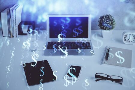 Stock market graph and table with computer background. Double exposure. Concept of financial analysis.の写真素材