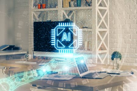 Multi exposure of computer on background and technology theme drawing. Concept of innovation.
