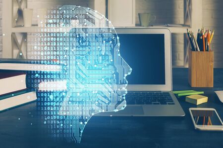 Double exposure of work table with computer and brain sketch hologram. Brainstorming concept.の写真素材