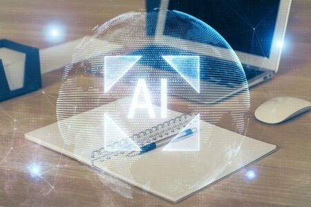 Double exposure of computer and technology theme hologram. Concept of freelance work.の写真素材