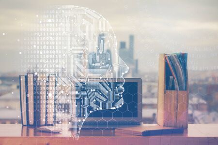 Double exposure of work table with computer and brain sketch hologram. Brainstorming concept.の写真素材