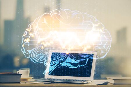 Double exposure of work table with computer and brain sketch hologram. Brainstorming concept.