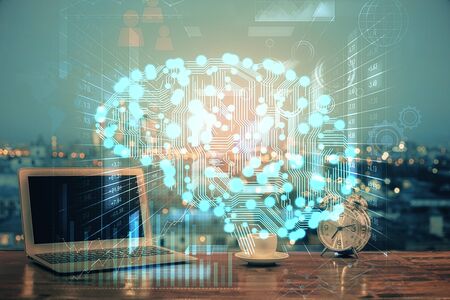 Double exposure of work table with computer and brain sketch hologram. Brainstorming concept.