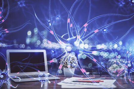 Desktop computer background and neuron drawing. Double exposure. Education concept.の写真素材