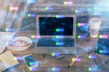 Double exposure of computer and technology theme hud. Concept of innovation.