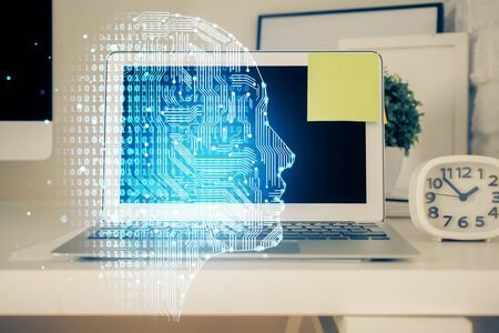 Double exposure of work table with computer and brain sketch hologram. Brainstorming concept.の写真素材