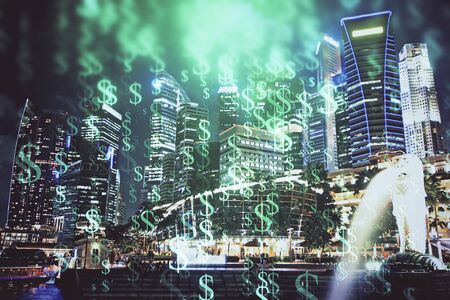 Financial chart on city scape with tall buildings background multi exposure. Analysis concept.の写真素材