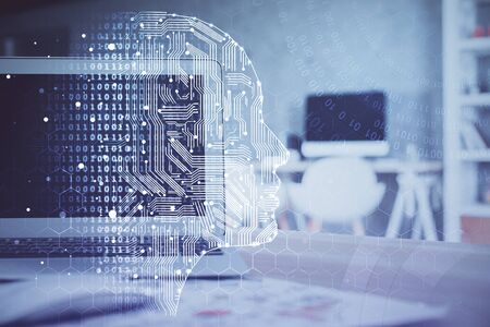 Double exposure of table with computer and brain hologram. Data innovation concept.