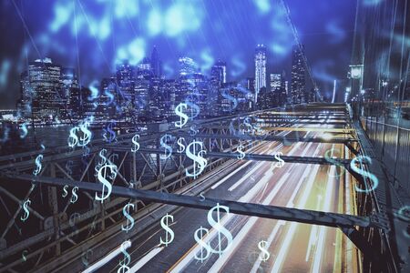 Forex chart on cityscape with tall buildings background multi exposure. Financial research concept.の写真素材