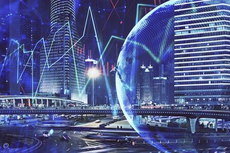 Financial chart on city scape with tall buildings background multi exposure. Analysis concept.の写真素材