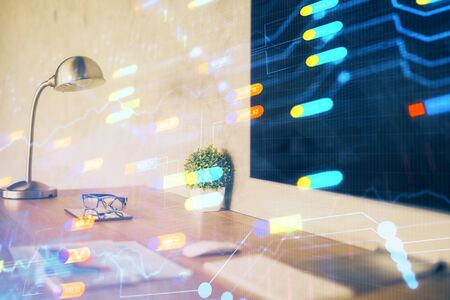 Double exposure of desktop computer and technology theme hologram. Concept of software development.の写真素材