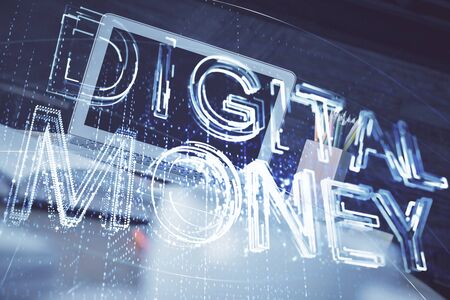 Double exposure of blockchain theme hologram and table with computer background. Concept of bitcoin crypto currency.の写真素材