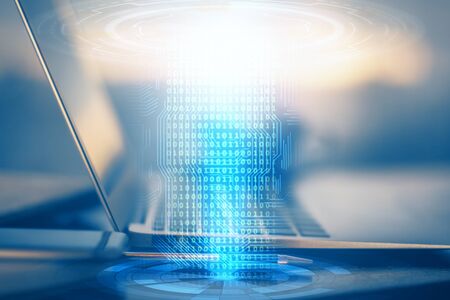 Multi exposure of computer on background and technology theme drawing. Concept of innovation.