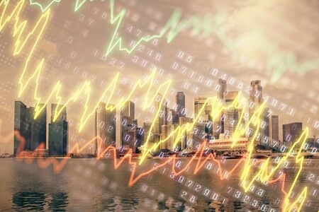 Forex chart on cityscape with tall buildings background multi exposure. Financial research concept.