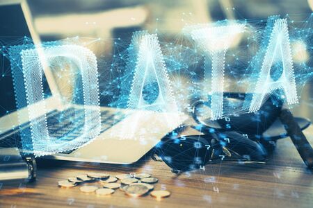 Double exposure of computer and technology theme hologram. Concept of freelance work.の写真素材