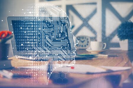 Double exposure of work table with computer and brain sketch hologram. Brainstorming concept.