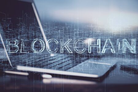 Double exposure of blockchain theme hologram and table with computer background. Concept of bitcoin...