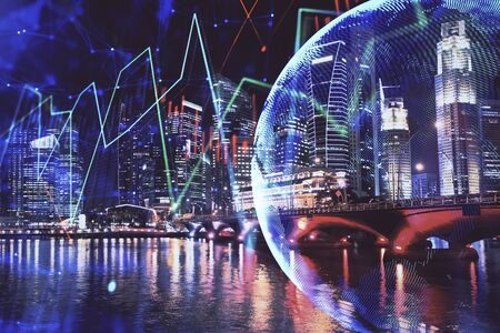 Financial chart on city scape with tall buildings background multi exposure. Analysis concept.の写真素材